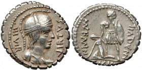 Roman Republic, Mn. Aquillius Mn (71 BC) AR Denarius Serratus Obverse: VIRTVS / III VIR Helmeted and draped bust of Virtus right. Revers:&nbsp;MN AQVI...