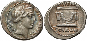 Roman Republic, L. Scribonius Libo (62 BC) AR Denarius Grafitti on the obverse. Obverse: BON EVENT / LIBO Diademed head of Bonus Eventus right. Revers...
