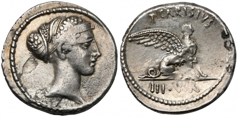 Roman Republic, Carisius (46 BC) Denarius Obverse: T CARISIUS
 Head of Sibyl He...