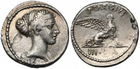 Roman Republic, Carisius (46 BC) Denarius Obverse: T CARISIUS
 Head of Sibyl Herophile&nbsp;right. Revers: T CARISIVS / III VIR Sphinx seated right. ...