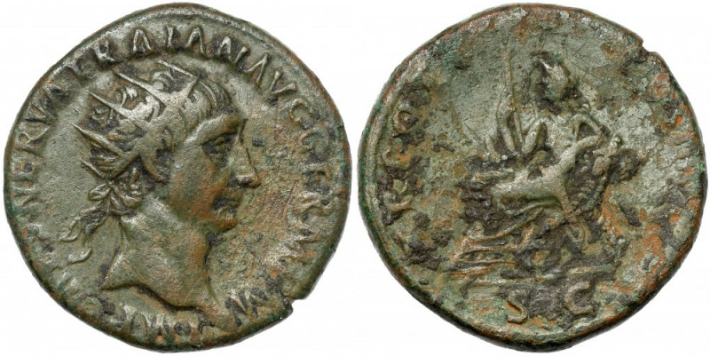 Traian (98-117 AD) AE Dupondius Obverse: IMP CAES NERVA TRAIAN AVG GERM P M Radi...