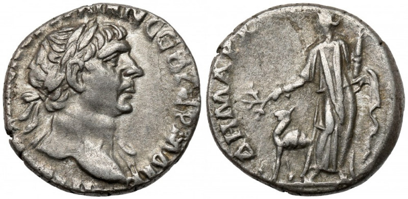 Traian (98-117 AD) Arabia Bostra, AR Drachm Awers: Popiersie cesarza w wieńcu la...
