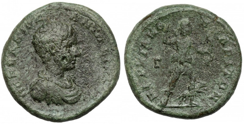 Diadumenian (217-218 AD) Thrace, Deultum, AE23 Awers: Popiersie cesarza w zbroi ...
