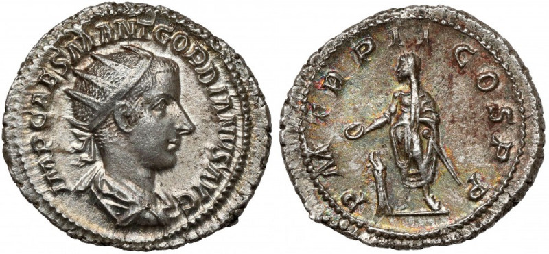 Gordian III (238-244 AD) AR Antoninian Awers: Popiersie cesarza w koronie promie...