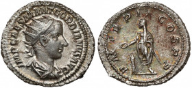 Gordian III (238-244 AD) AR Antoninian Awers: Popiersie cesarza w koronie promienistej, zbroi i paludamentum w prawo, w otoku legenda IMP CAES M ANT G...