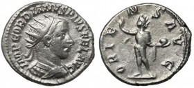 Gordian III (238-244 AD) AR Antoninian Awers: Popiersie cesarza w koronie promienistej, zbroi i paludamentum, w prawo, w otoku legenda IMP GORDIANVS P...