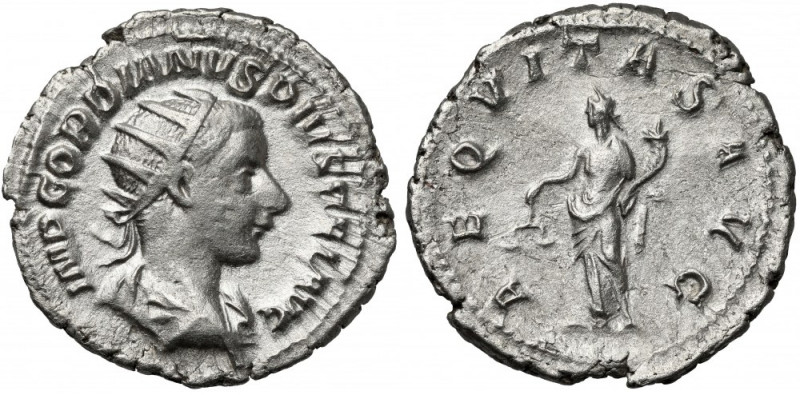 Gordian III (238-244 AD) AR Antoninian, Antioch Awers: Popiersie cesarza w koron...