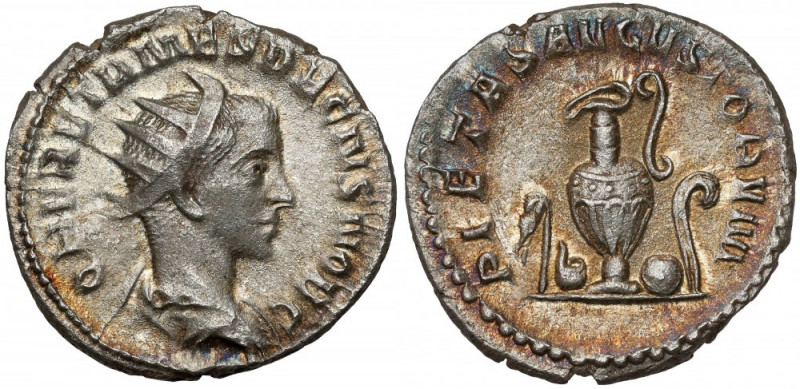 Herennius Etruscus (251 AD) Denarius, Rome Awers: Popiersie w koronie promienist...