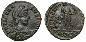 Theodosius I (379-395 AD) Follis, Siscia Awers: Popiersie cesarza w perłowym diademie, zbroi i paludamentum, w prawo, w otoku legenda&nbsp;&nbsp;D N T...