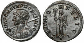 Probus (276-282) Antoninian, Lugdunum - Military bust Military bust of the finest style, with a beautiful decorated shield, spear, pseudo attic helmet...