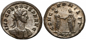 Probus (276-282) Antoninian, Ticinum Obverse: IMP C PROBVS•P•F•AVG
 Radiate, cuirassed bust right.
 Reverse: CONCORD MILIT / PXXT Togate emperor sta...