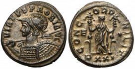 Probus (276-282) Antoninian, Ticinum Obverse: VIRTVS PROBI AVG
 Radiate, cuirassed and helmeted bust left, holding spear and shield. Reverse: CONCORD...