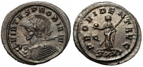 Probus (276-282) Antoninian, Ticinum Obverse: VIRTVS PROBI AVG
 Radiate, cuirassed and helmeted bust left, holding spear and shield.
 Reverse: PROVI...