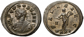 Probus (276-282 n.e.) Antoninian, Ticinum Obverse: IMP C PROBVS AVG
 Radiate bust left in consular robe, holding eagle-tipped sceptre (scipio)
 Reve...