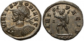Probus (276-282) Antoninian, Ticinum Obverse: VIRTVS PROBI AVG
 Radiate, cuirassed and helmeted bust left, holding spear and shield.
 Reverse: MARTI...