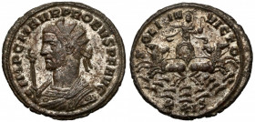 Probus (276-282) Antoninian, Siscia - SOLI INVICTO Obverse: IMP C M AVR PROBVS P F AVG
 Radiate bust left in imperial mantle, holding eagle-tipped sc...