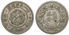 Korea, 1/4 yang year 501 (1892) Rzadki rocznik.&nbsp; Srebro, średnica 20.5 mm, waga 4.64 g. 
Grade: XF 

WORLD COINS - ASIA KOREA