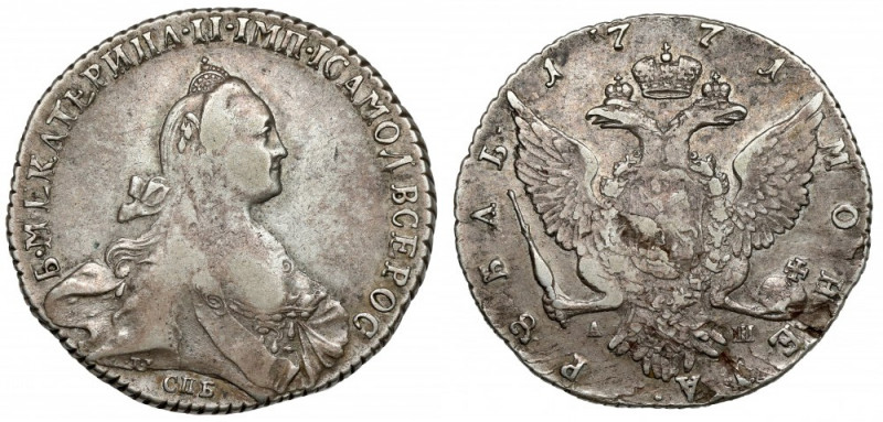 Russia, Catherine II, Ruble 1771 АШ, Petersburg Odmiana z literami АШ przy ogoni...