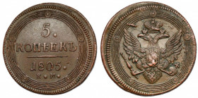 Russia, Alexander I, 5 kopecks 1805 EM, Yekaterinburg Niecentrycznie wybite, ładne. 
Reference: Bitkin 292
Grade: XF- 

EUROPE WORLD COINS - RUSSI...