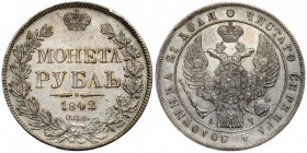Russia, Nicholas I, Ruble 1842 АЧ, Petersburg Ładna prezencja. Odmiana z ogonem orła prostym. Na rewersie jeden żołądź przed ostatnią kępą liści. śred...