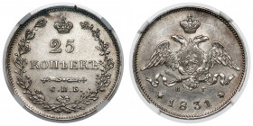 Russia, Nicholas I, 25 kopecks 1831 НГ, Petersburg Ostatni rocznik tego typu 25-kopiejek. Rzadszy. 
Reference: Bitkin 131
Grade: NGC AU 

EUROPE W...
