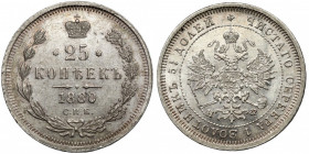 Russia, Alexander II, 25 kopecks 1880 HΦ, Petersburg Przedostatni rocznik 25-kopiejkówek cara Aleksandra II. Niskonakładowy, wybity w nakładzie 72 tys...
