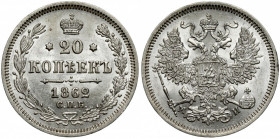 Russia, Alexander II, 20 kopecks 1862 МИ, Petersburg Mennicze. 
Reference: Bitkin 175
Grade: XF+/AU 

EUROPE WORLD COINS - RUSSIA RUSSLAND