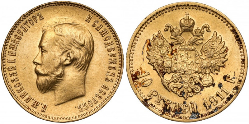 Russia, Nicholas II, 10 rubles 1911 ЭБ Zabrudzenia na rewersie, skaleczenie na a...