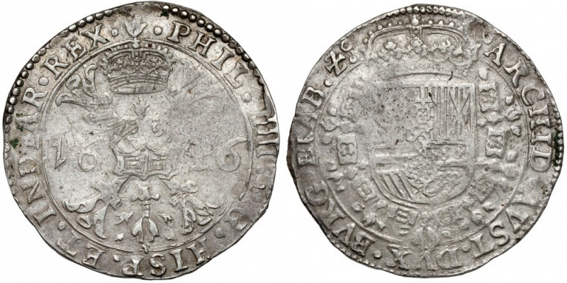 Spanish Netherlands, Philip IV, Patagon 1616 Skaleczenia na awersie. Srebro, wag...