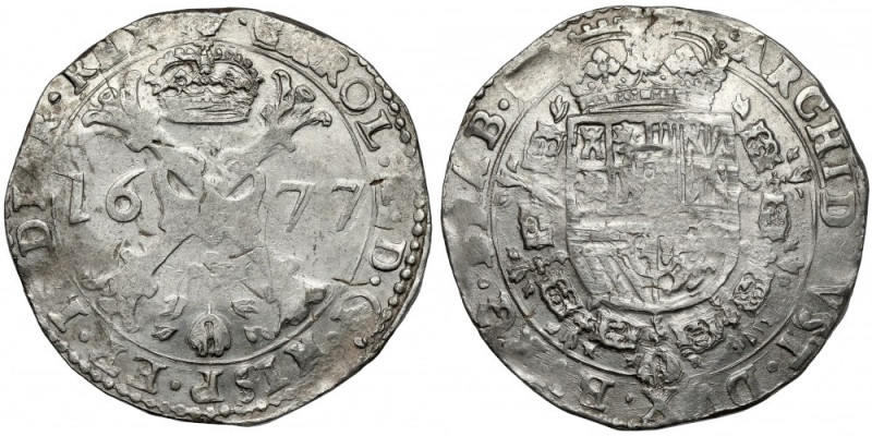 Spanish Netherlands, Carlos II, Patagon 1677 Wyraźne skaleczenie reliefu na rewe...