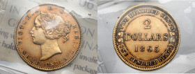 Canada, Victoria, 2 dollars 1865 Moneta w gradingu International Coin Certification Service (ICCS) z notą EF-40. Złoto, średnica 18,0 mm, waga 3,32 g....