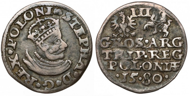 Stefan Batory, Trojak Olkusz 1580 - mała głowa - rzadkość Moneta bardzo rzadka n...