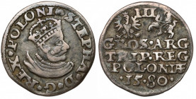 Stefan Batory, Trojak Olkusz 1580 - mała głowa - rzadkość Moneta bardzo rzadka nie tylko ze względu na sam rocznik (bita w dobrym srebrze, przez lata ...