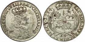 August III Sas, Ort Lipsk 1754 EC - mała głowa Moneta w naturalnym seledynie charakterystycznym dla pięknie zachowanych egzemplarzy. Portret królewski...