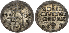 August III Sas, Szeląg Gdańsk 1763 REOE - piękny Piękny egzemplarz z bardzo dobrze zachowanym srebrzeniem. Wariant z szerszą koroną. 
Reference: Kahn...