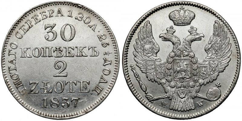 30 kopiejek = 2 złote 1837 MW, Warszawa Pięknie wybita, z wyraźnym lustrem.&nbsp...