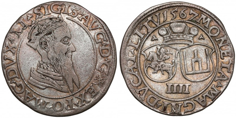 Zygmunt II August, Czworak Wilno 1567 - LI / LITV - rzadki Zadrapania w tle awer...