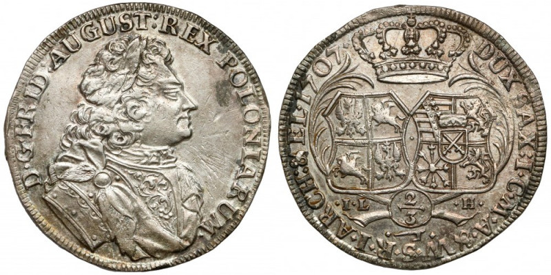 August II Mocny, Gulden (2/3 talara) 1707 ILH, Drezno - 'Coselgulden' Bardzo ład...