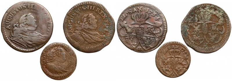 August III Sas, Szeląg i Grosze 1753-1754, zestaw (3szt) Grosze w odmianie z pop...