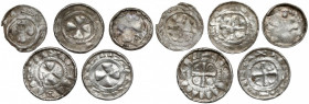 Denary krzyżowe - zestaw, w tym ciekawe (5szt) Moneta w górnym rzędzie od lewej strony CNP brak, naśladownictwo typu CNP V, prawdopodobnie koniec XI w...