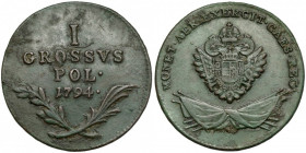 Galicja i Lodomeria, 1 grosz 1794 Gruba, zielona patyna i nalot, ale ostry, ponadprzeciętnie zachowany relief.&nbsp; 
Reference: Plage 11
Grade: VF ...