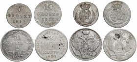 5 groszy - 2 złote 1812-1839, zestaw (4szt) W zestawie dwie monety Księstwa Warszawskiego (5 i 10 groszy) i dwie warszawskie dwuzłotówki (1837 i 1839)...