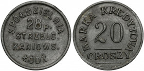 Łódź, 28 Pułk Strzelców Kaniowskich, 20 groszy Emisja Spółdzielni. Rzadki nominał. 
 Cynk, średnica 21,1 mm, waga 2,59 g.&nbsp; Reference: Bartoszewi...