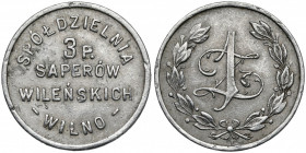 Wilno, 3 Pułk Saperów Wileńskich, 1 złoty Aluminium, średnica 23,4 mm, waga 1,71 g.&nbsp; Reference: Bartoszewicki 164.5 (R6a)
Grade: VF+ 

TOKEN P...