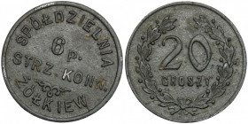 Żółkiew, 6 Pułk Strzelców Konnych, 20 groszy Rzadkie. 
 Skrętka 15 stopni.
 Cynk, średnica 21,0 mm, waga 2,61 g.&nbsp; Reference: Bartoszewicki 123....