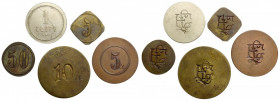 Monogram EL (Warszawa?), od 5 groszy do 1 złoty (5szt) Anonimowe żetony kelnerskie z monogramem EL (Warszawa?). Ładnie zachowane egzemplarze. 
Grade:...