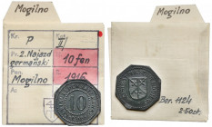 Mogilno, 10 fenigów 1916 - ex. Kałkowski Cynk, wymiary 20,8 x 20,7 mm, waga 2,25 g. Egzemplarz z kolekcji Tadeusza Kałkowskiego, w komplecie z jego ko...
