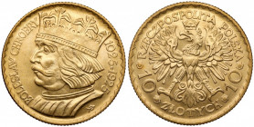10 złotych 1925 Chrobry Złoto, średnica 19,0 mm, waga 3,22 g. Bardzo ładny egzemplarz, bez rysek czy skaleczeń.&nbsp; W komplecie dawna karteczka ofer...