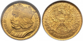 20 złotych 1925 Chrobry Zadrapania przed portretem Chrobrego. Egzemplarz w starym gradingu NGC. Złoto, średnica 21 mm, waga 6.45 g (katalogowa).
Refe...