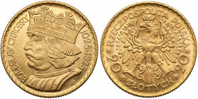 20 złotych 1925 Chrobry Złoto, średnica 20,9 mm, waga 6,44 g. Dwa niemocne zarysowania na portrecie i lekko starty 'meszek' z najwyższych jego partii,...